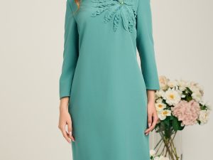 Rochie Viada din stofa verde menta cu floare pe bust