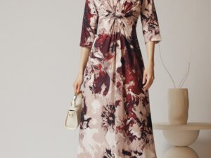 Rochie lunga de zi din viscoza bej cu imprimeuri bordo