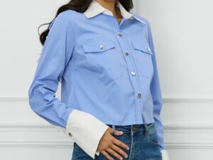 Camasa DY Fashion scurta bleu cu mansete albe