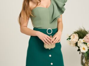 Fusta DY Fashion scurta din stofa verde cu nasturi si curea in talie