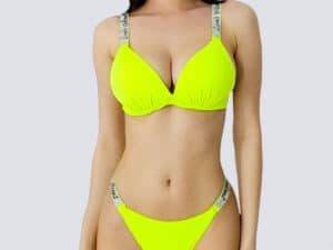 Costum de baie galben cu cristale artizanale, sutien push-up și design elegant pentru plajă și pisci.