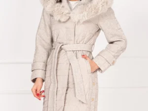 Geaca matlasata bej Kimber cu detalii din stofa si blanita