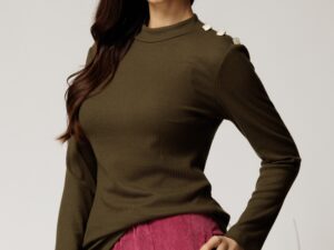 Maleta DY Fashion din tricot kaki cu guler si nasturi decorativi