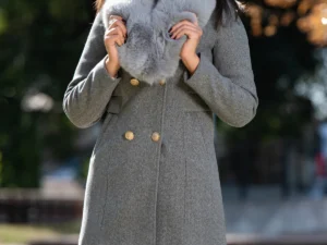 Palton dama Anastasia gri din stofa cu guler din blana ecologica detasabila