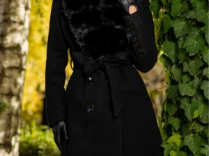 Palton dama negru lung Flavia elegant cu blana la guler