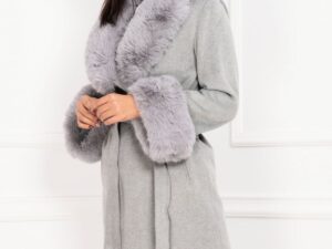 Palton din cașmir Margaery gri cu guler si mansete din blana ecologica