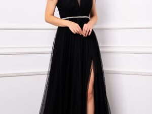 Rochie de seara Gratiela neagra cu perle in talie si accesoriu tip fulgi