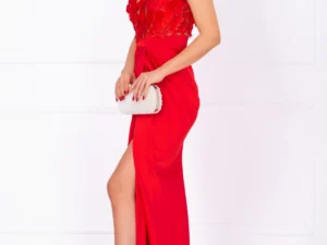 Rochie eleganta tip sirena Eleonor rosie cu flori 3D si fronseuri