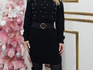 Rochie scurtă neagră cu perle și imprimeu fagure în relief, perfectă pentru reduceri WOW!.