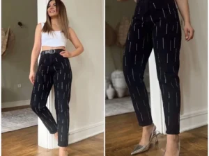 Blugi negri dama cu strasuri si talie inalta