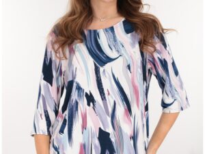 Bluza alba din bumbac cu print abstract roz-albastru