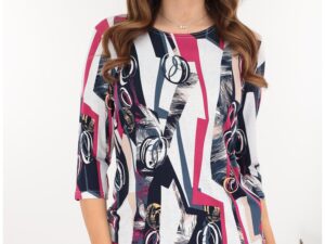 Bluza albastra din vascoza cu imprimeu abstract fucsia-gri