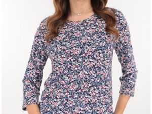 Bluza albastra din vascoza cu imprimeu floral rosu-alb