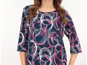 Bluza bleumarin din bumbac cu print geometric alb-fucsia