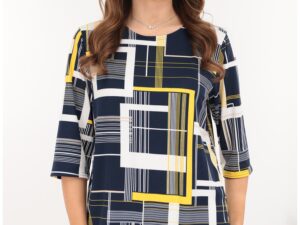 Bluza bleumarin din bumbac cu print geometric galben-alb
