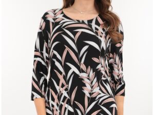 Bluza neagra din vascoza cu imprimeu floral roz-alb