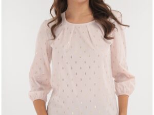 Bluza roz cu print auriu si cu pliuri la decolteu