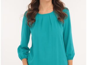 Bluza uni turcoaz cu pliuri la decolteu
