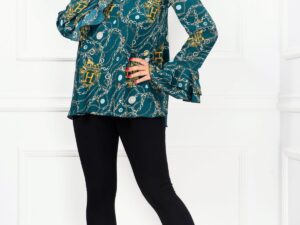 Compleu dama verde Eliza cu imprimeu si volane la maneci By InPuff