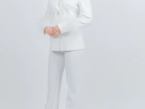 Compleu elegant alb cu pene si broderie cu perle