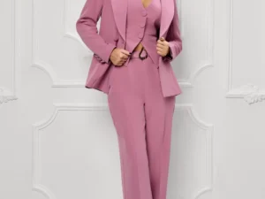 Compleu elegant roz format din trei piese cu pantaloni evazati