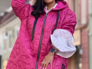 Reducere  Geaca dama roz lunga cu broderie florala