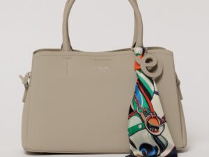 Geanta gri deschis cu esarfa decorativa multicolora