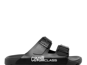 Șlapi bărbați Cavalli Class negri din cauciuc cu logo imprimat lateral 3497BST24131N