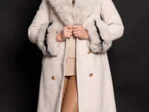 Palton dama lung elegant Aleksandra din stofa bej cu blana eco