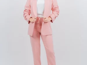 Pantaloni dama casual roz prafuit prevazuti cu elastic si snur la talie