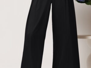 Pantaloni office din viscoza negri evazati cu pliuri pe talie
