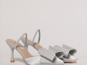 Pantofi bleu din material satinat cu funda maxi stralucitoare