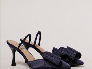 Pantofi bleumarin din material satinat cu funda maxi stralucitoare