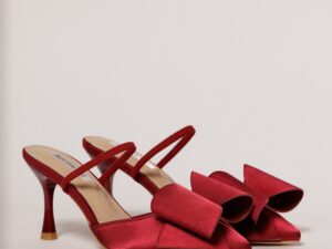 Pantofi burgundy eleganti din satin cu funda maxi