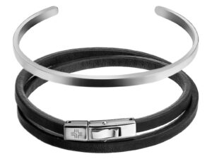 Set de bratari de piele si otel inoxidabil - Negru/Argintiu