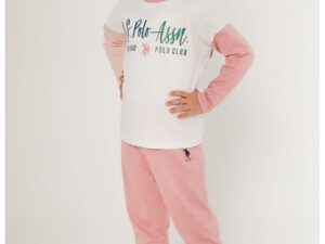 Pijama de bumbac cu imprimeu logo - Alb fildes/Roz pastel