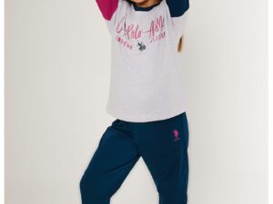 Pijama de bumbac cu imprimeu logo - Roz zmeuriu/Gri deschis melange/Bleumarin