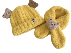 Set Caciula si Fular  Model Ursuleti - Acril - Baieti - Galben Mustar