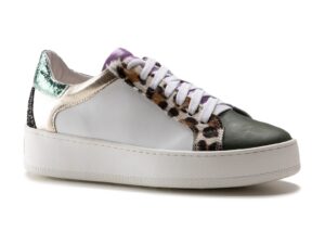 Pantofi sport de piele cu detaliu grafic - Alb/Verde padure