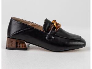 Pantofi loafer de piele ecologica cu toc patrat - Negru/Maro scortisoara