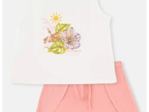 Pijama din bumbac cu pantaloni scurti - Alb/Roz