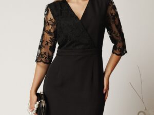 Rochie Bella midi neagra din stofa cu bust si maneci din dantela