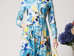 Rochie de zi din viscoza bleu cu imprimeu galben si nasturi