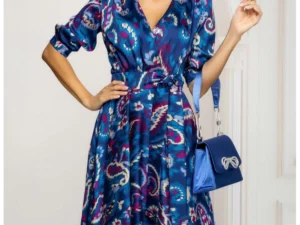 Rochie de zi eleganta albastra in clos cu imprimeu paisley