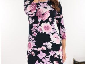 Rochie dreapta bleumarin cu imprimeu floral maxi lila