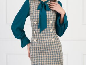 Rochie DY Fashion bej cu imprimeu peptit turcoaz si maneci din voal