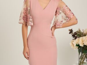 Rochie DY Fashion midi roz din stofa conica cu maneci din dantela