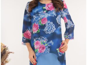 Rochie eleganta albastra cu print floral maxi si aspect suprapus