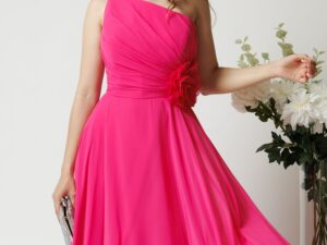 Rochie eleganta midi din voal fucsia cu floare in talie