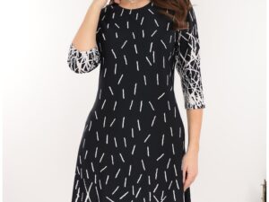 Rochie evazata neagra cu imprimeu geometric in degrade